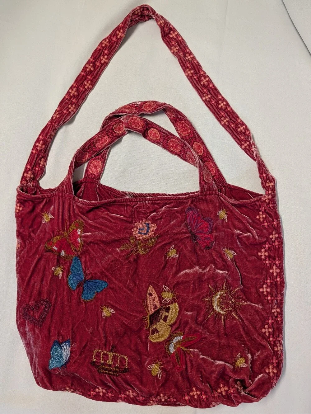 Johnny Was Aria Velvet Silk Embroidered Butterfly & Bee Floral Tote Shoulder Bag